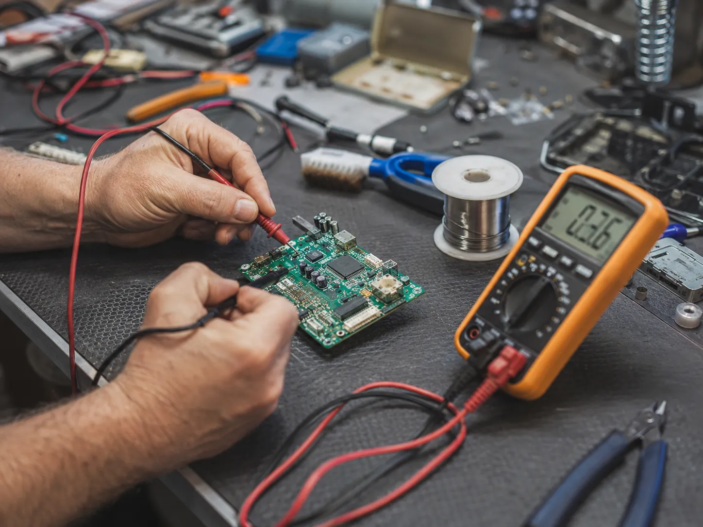 Fehlersuche an einer Elektronik-Platine mit Messgerät